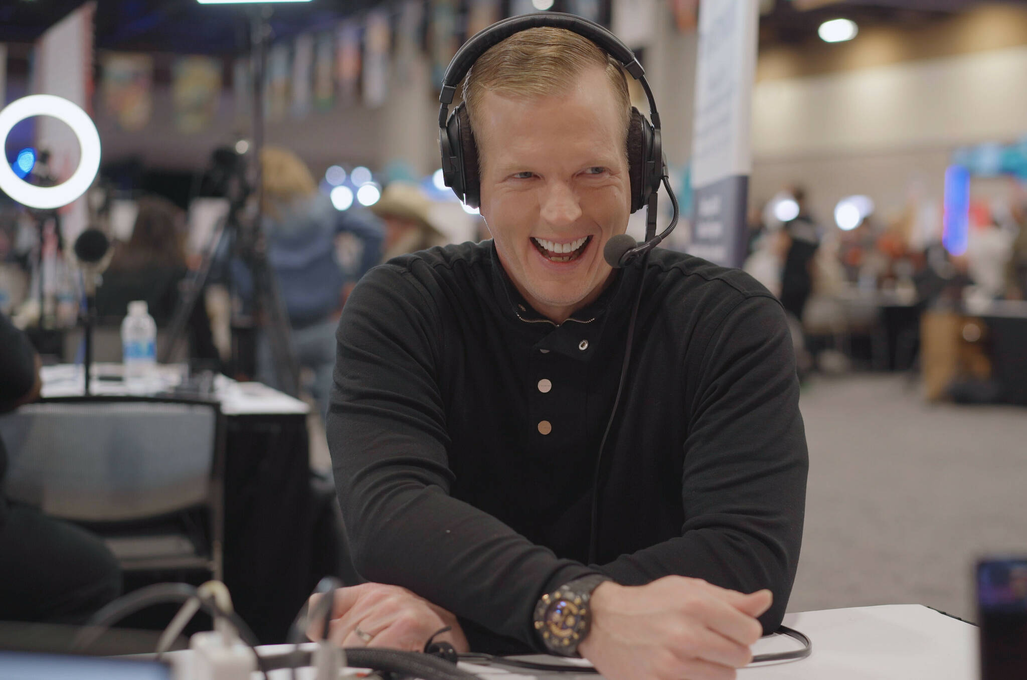 NBC Sports NFL Analyst Chris Simms played the role of Nostradamus on the Northwest Tank Lines Super Bowl show. (courtesy Bob Marjanovich)