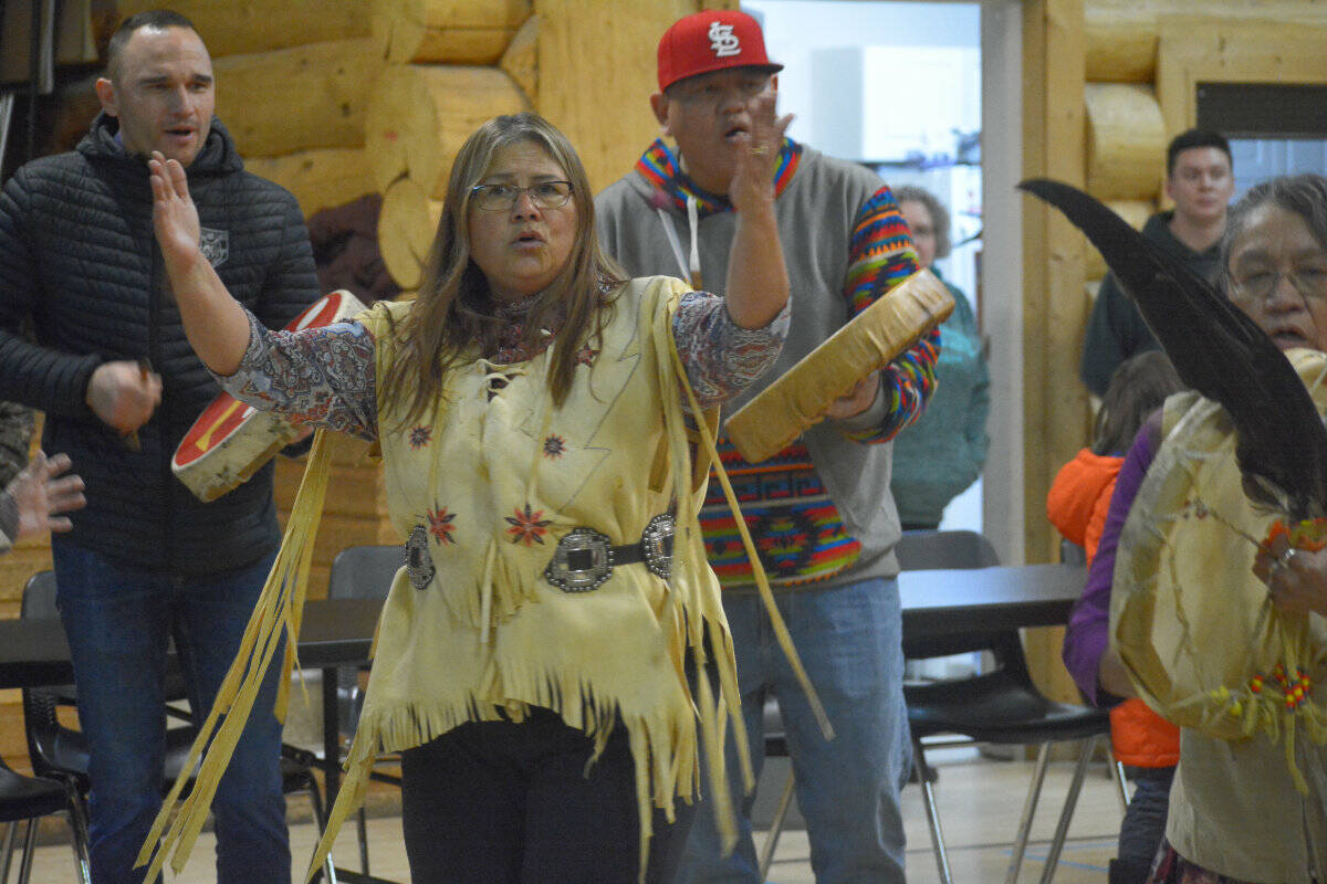 Kristy Palmantier, member of WLFN, was one of several women who danced to drumming inside the gym before dinner was served. (Monica Lamb-Yorski photo - Williams Lake Tribune)