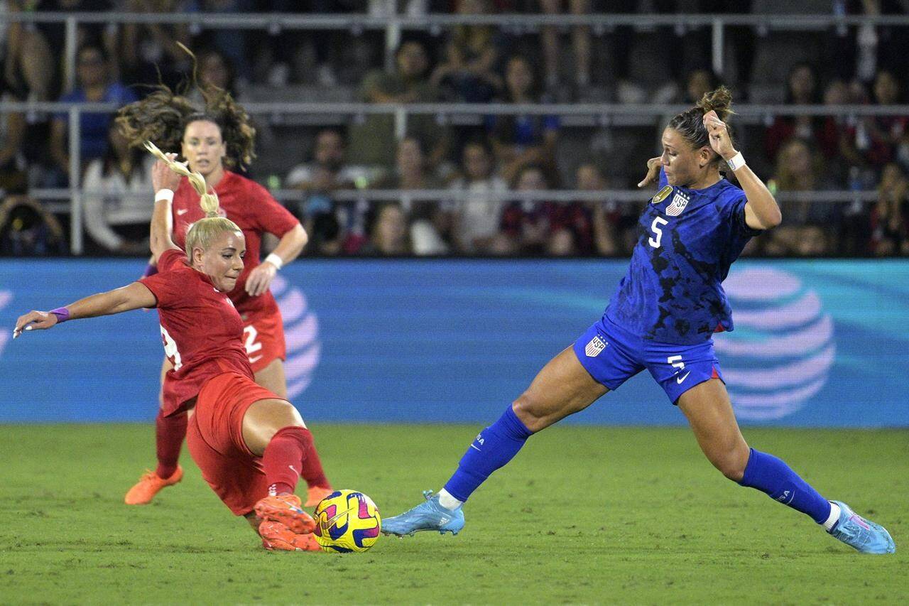 U.S. forward Trinity Rodman (5) and Canada forward Adriana Leon compete for the ball during the first half of a SheBelieves Cup soccer match Thursday, Feb. 16, 2023, in Orlando, Fla. (AP Photo/Phelan M. Ebenhack)