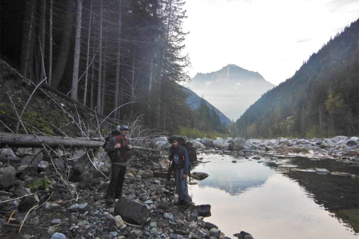 Chris Fletcher and Orlando Andy ventured with Harvey Thommasen in October 2022 to try and identify the original route Indigenous guides led Alexander Mackenzie in 1793.(Harvey Thommasen photo)