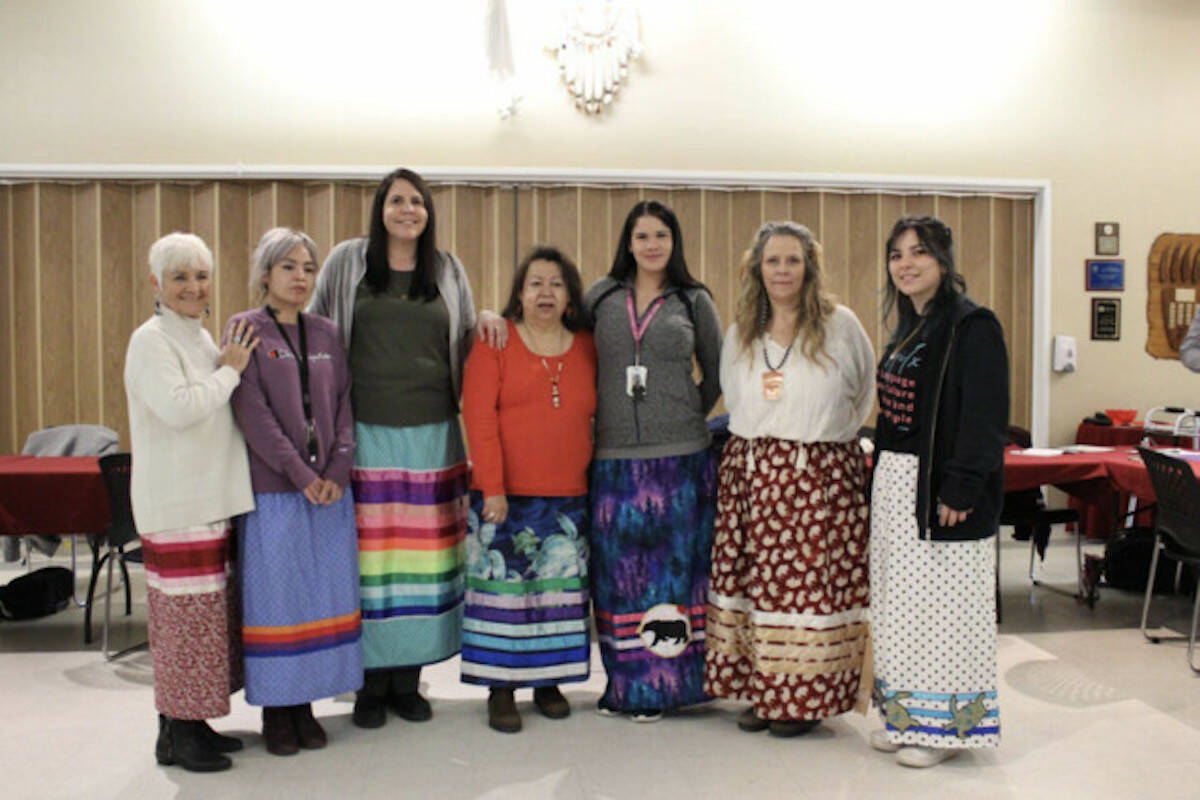 Members of the Indigenous Harm Reduction Team, which is leading the knknxtewix program. From left to right: Elder mentor Dianna Watson (Anishinaabe), peer supporter Marley Isnardy (Chilcotin), project manager Ali Butler (syilx), Edna Terbasket (syilx), nurse Crystal Smallboy (Cree), social worker Tonya Robitaille (Anishinaabe/M?tis), and peer supporter Alyxandra Lezard (syilx). (Photo/Aaron Hemens)