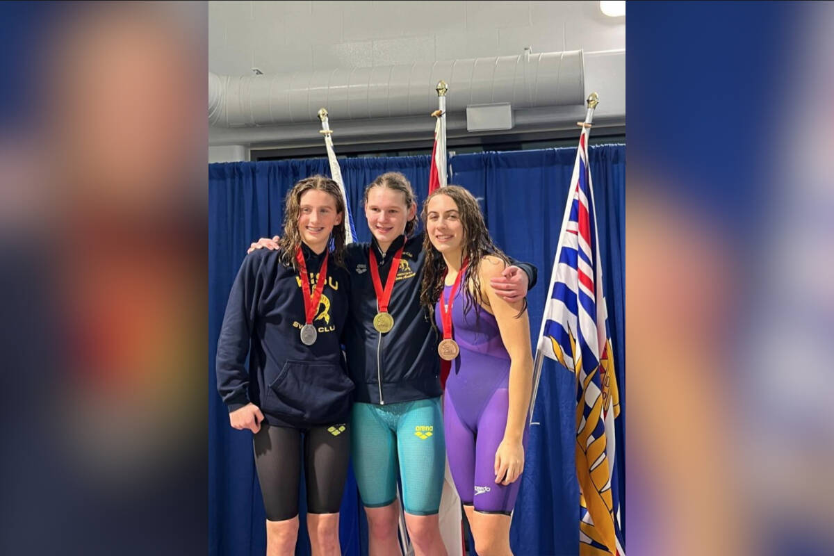 The KISU-based swimmers who have qualified for the 2023 Junior Nationals as of Feb. 18. From left to right: Marlee Winser, Taryn Weatherhead and Hannah Rutten. (Submitted)