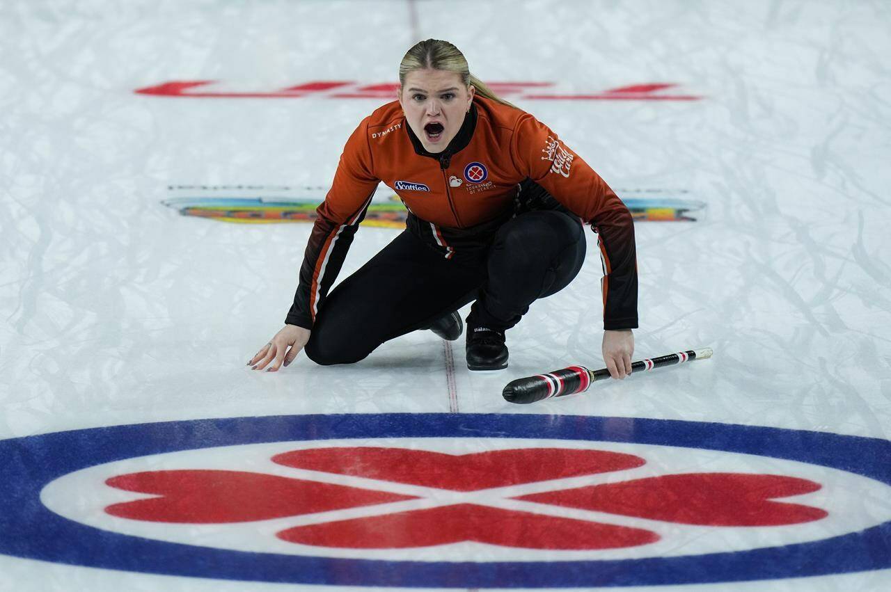 Team Wild Card 3 skip Meghan Walter calls out to the sweepers while playing Manitoba at the Scotties Tournament of Hearts, in Kamloops, B.C., on Sunday, Feb. 19, 2023. THE CANADIAN PRESS/Darryl Dyck