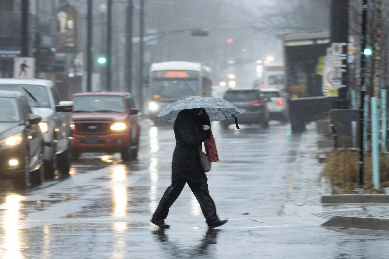 A pedestrian shields themselves from rain and wind during a rainfall warning in Halifax on Thursday, January 26, 2023. The East Coast’s whipsaws between freeze and thaw has complicated life for the Canada Winter Games, as athletes and organizations adapt to what climate scientists say is the new reality of less snow.THE CANADIAN PRESS/Darren Calabrese