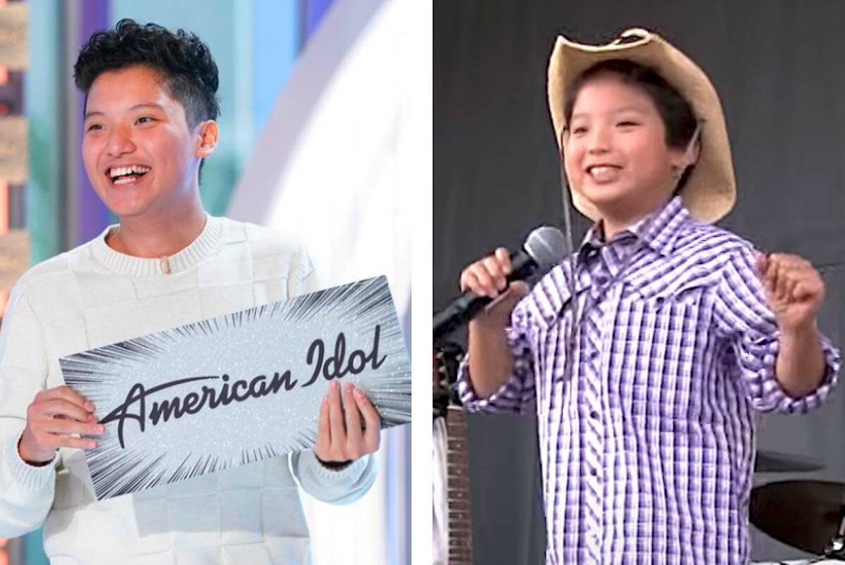”American Idol” contestant Tyson Venegas on the TV show Sunday, left, and as a seven-year-old in 2013 at the BC Junior Talent Search in Surrey.