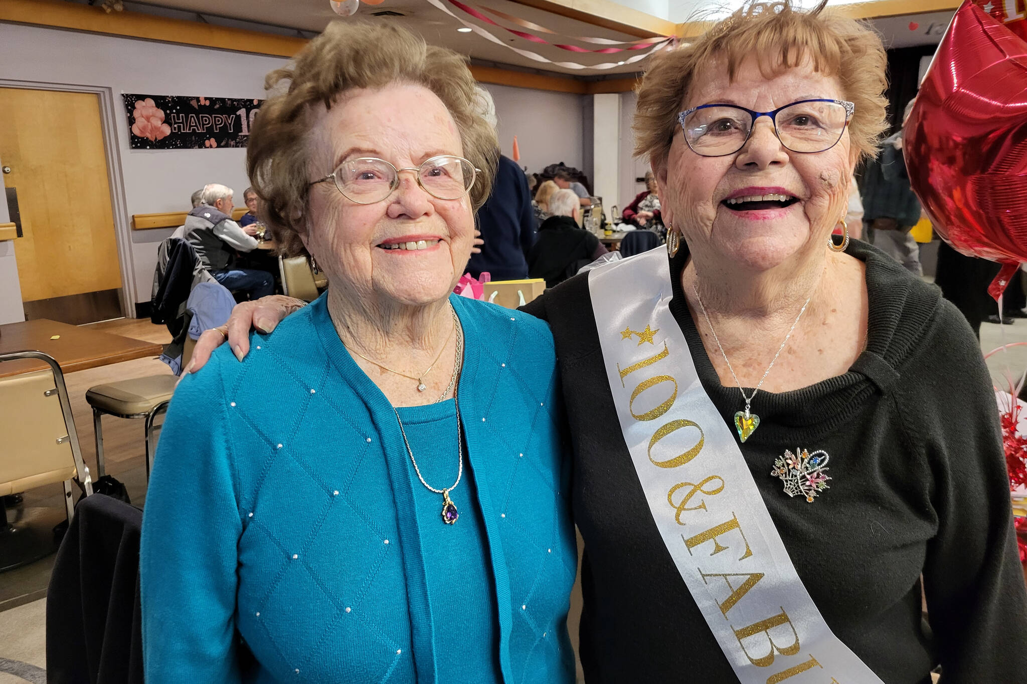 Between them, sisters Bernadette Desy (left), from Everett, Wash., and Vernon’s Simone Huhtala have eached live more than a century. Desy turned 101 on Feb. 11 and her baby sister celebrated becoming a centenarian on Feb. 24 at Vernon’s Schubert Centre.(Roger Knox - Morning Star)