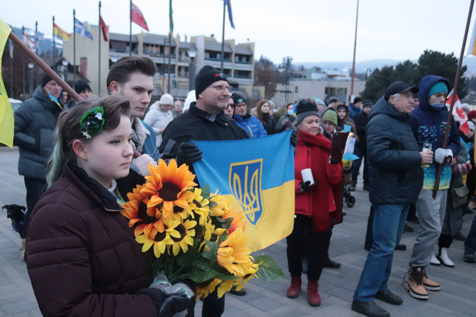 More than 100 people turned out to a candlelight vigil at Vernon city hall to mark one year since Russia invaded Ukraine Friday, Feb. 24, 2023. (Brendan Shykora - Morning Star)