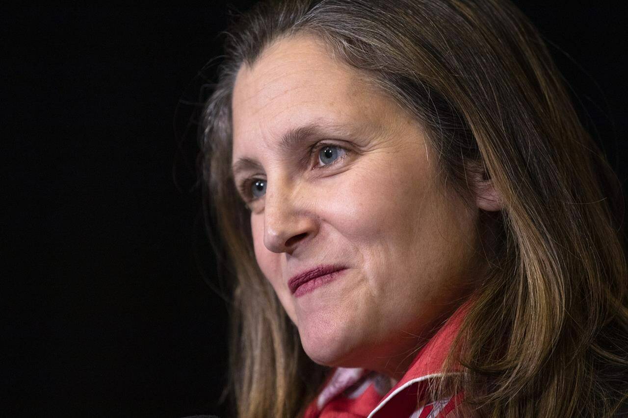 Minister of Finance and Deputy Prime Minister Chrystia Freeland speaks to the media in Hamilton, Ont., during the second day of meetings at the Liberal Cabinet retreat, on Tuesday, Jan. 24, 2023. Leading international aid agencies in Canada are asking Freeland to increase the country’s foreign assistance contributions. THE CANADIAN PRESS/Nick Iwanyshyn