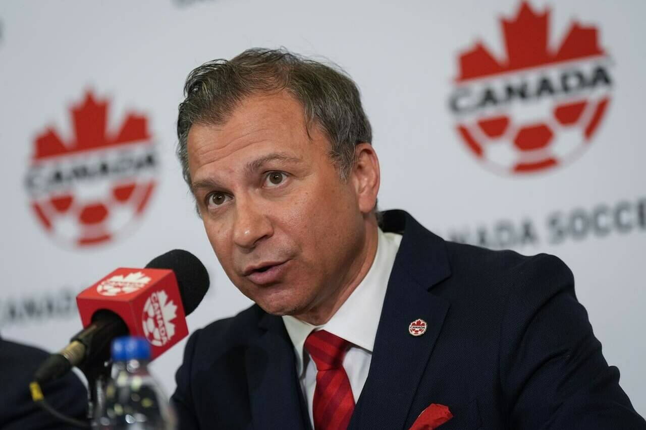 Canada Soccer president Nick Bontis speaks during a news conference, in Vancouver, on Sunday, June 5, 2022. Bontis has resigned as president of Canada Soccer, acknowledging change is needed to achieve labour peace. THE CANADIAN PRESS/Darryl Dyck