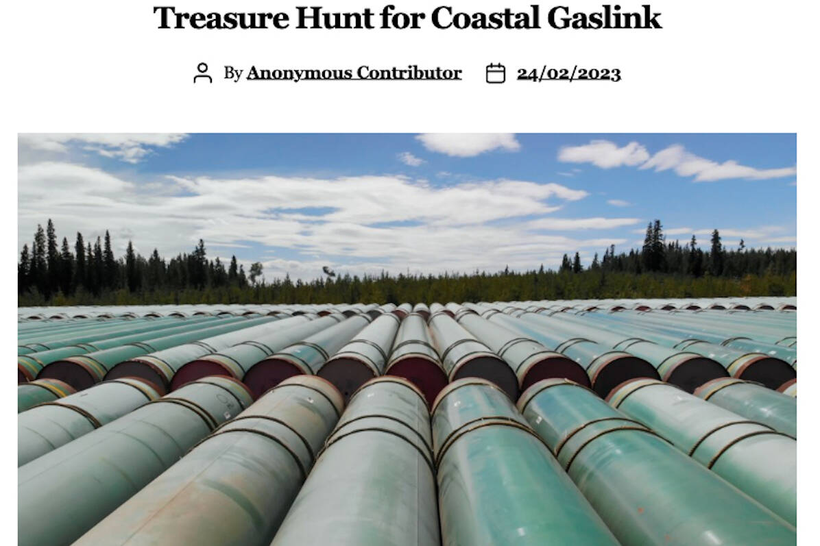 An anonymous article titled “Treasure Hunt for Coastal Gaslink” claims sections of the Coastal GasLink pipeline were vandalized to delay construction. (Screenshot)