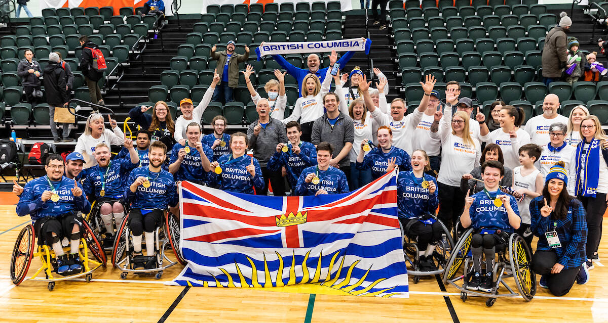 Enderby’s Marni Abbott-Peter (second row, in grey, second from right) was an assistant coach with Team B.C. that won the province’s first-ever Canada Winter Games gold medal in wheelchair basketball in Prince Edward Island. (Darrell Theriault Photo)