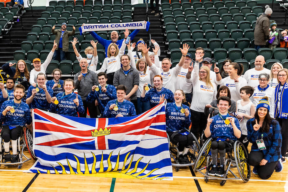 Enderby's Marni Abbott-Peter (second row, in grey, second from right) was an assistant coach with Team B.C. that won the province's first-ever Canada Winter Games gold medal in wheelchair basketball in Prince Edward Island. (Darrell Theriault Photo)