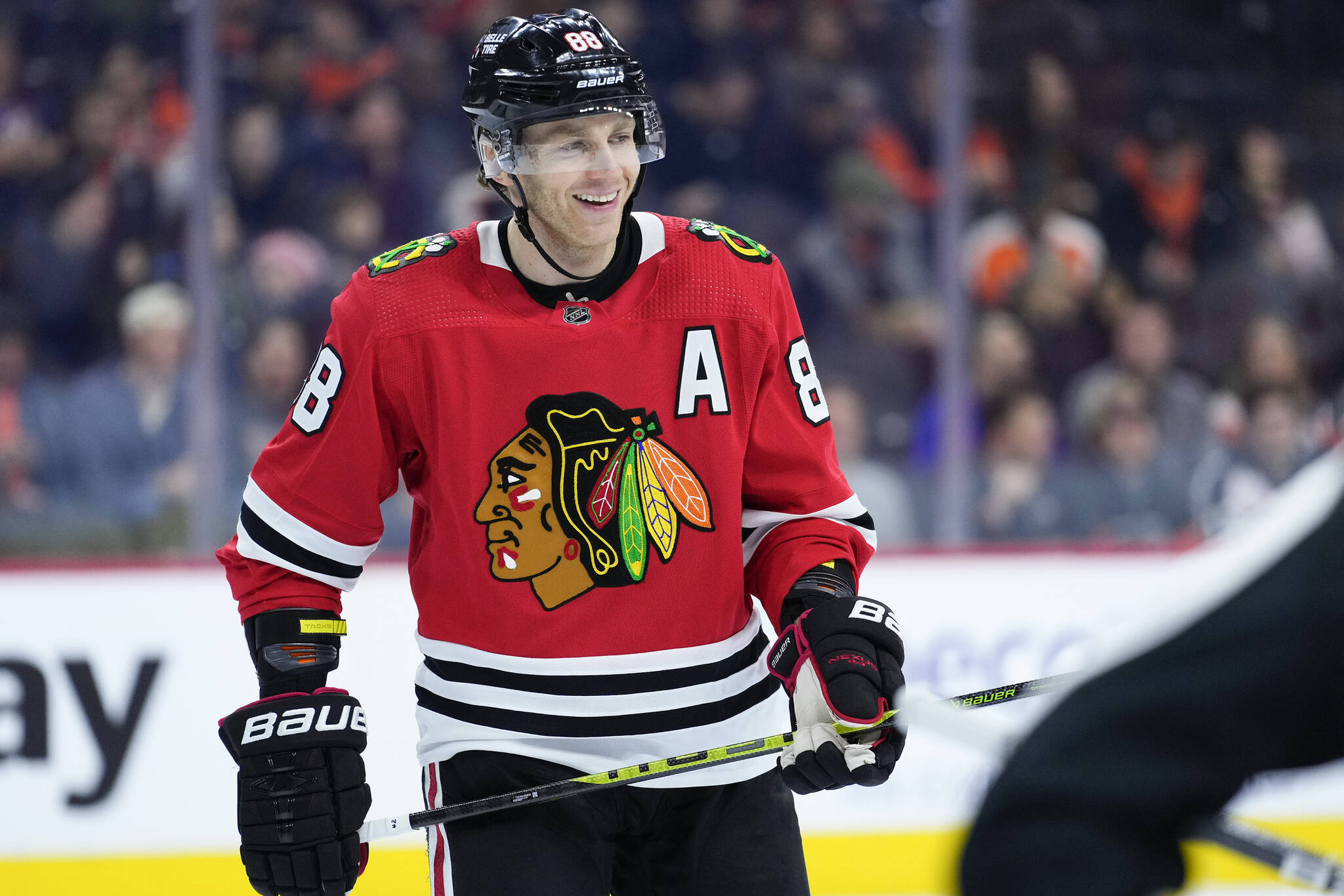 FILE - Chicago Blackhawks’ Patrick Kane smiles during an NHL hockey game on Jan. 19, 2023, in Philadelphia. (AP Photo/Matt Slocum, File)
