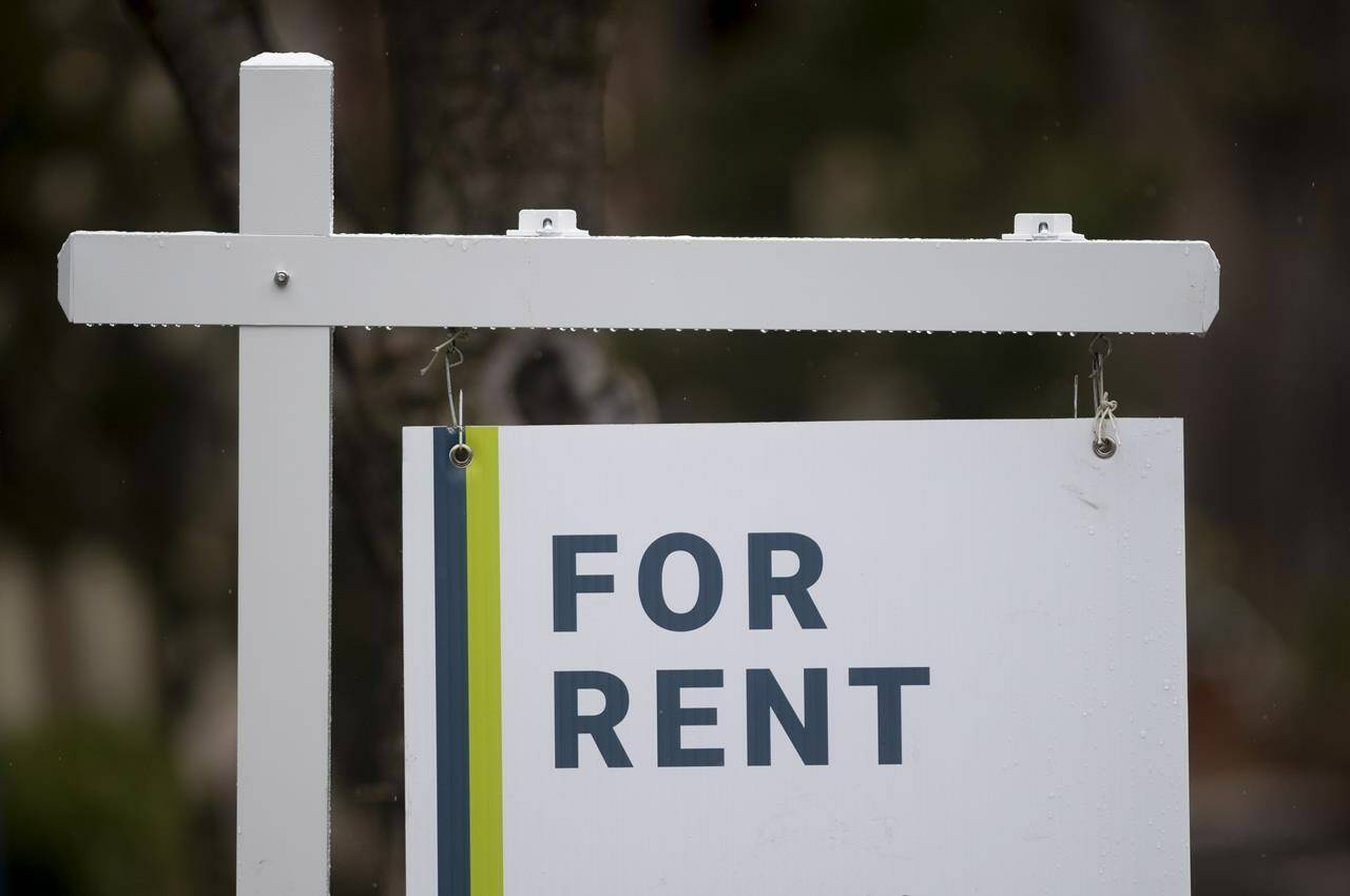 A rental sign is seen outside a building in Ottawa, Thursday, April 30, 2020. B.C.’s NDP government followed through on a long-promised renters’ rebate on Feb. 28, 2023, in its provincial budget. THE CANADIAN PRESS/Adrian Wyld