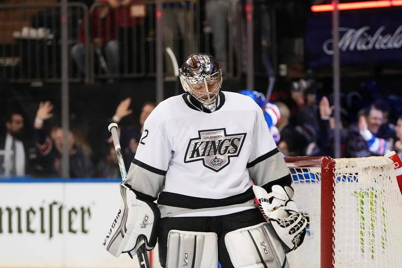 Los Angeles Kings goaltender Jonathan Quick (32) reacts after New York Rangers’ Vincent Trocheck scored his second goal of an NHL hockey game, during the second period, Sunday, Feb. 26, 2023, in New York. (AP Photo/Frank Franklin II)