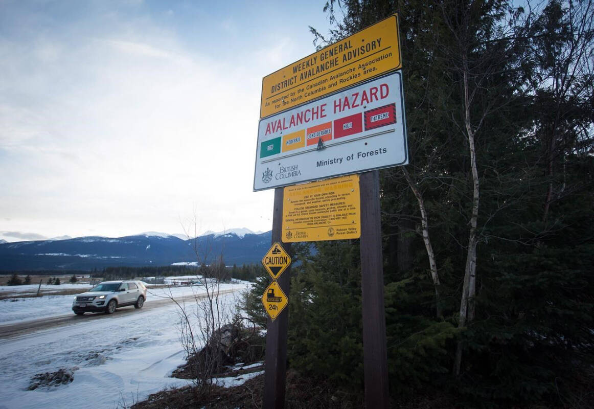 RCMP in southeastern British Columbia confirm three skiers have been killed in an avalanche Wednesday near Invermere, B.C. An avalanche hazard warning of “considerable” is shown near Mount Renshaw outside of McBride, B.C., on Saturday, Jan. 30, 2016. THE CANADIAN PRESS/Darryl Dyck
