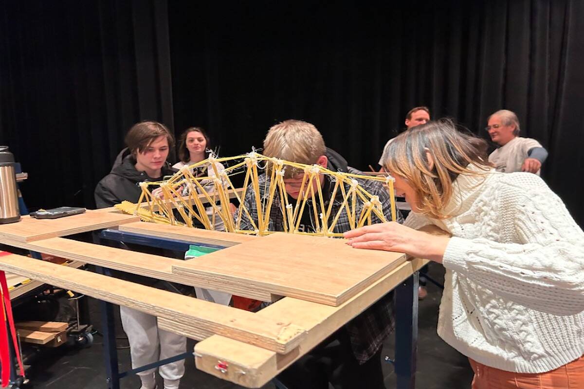 Students build their structure during the 38th annual Spaghetti Bridge Building Competition at Okanagan College on March 3. (Photo/OC)