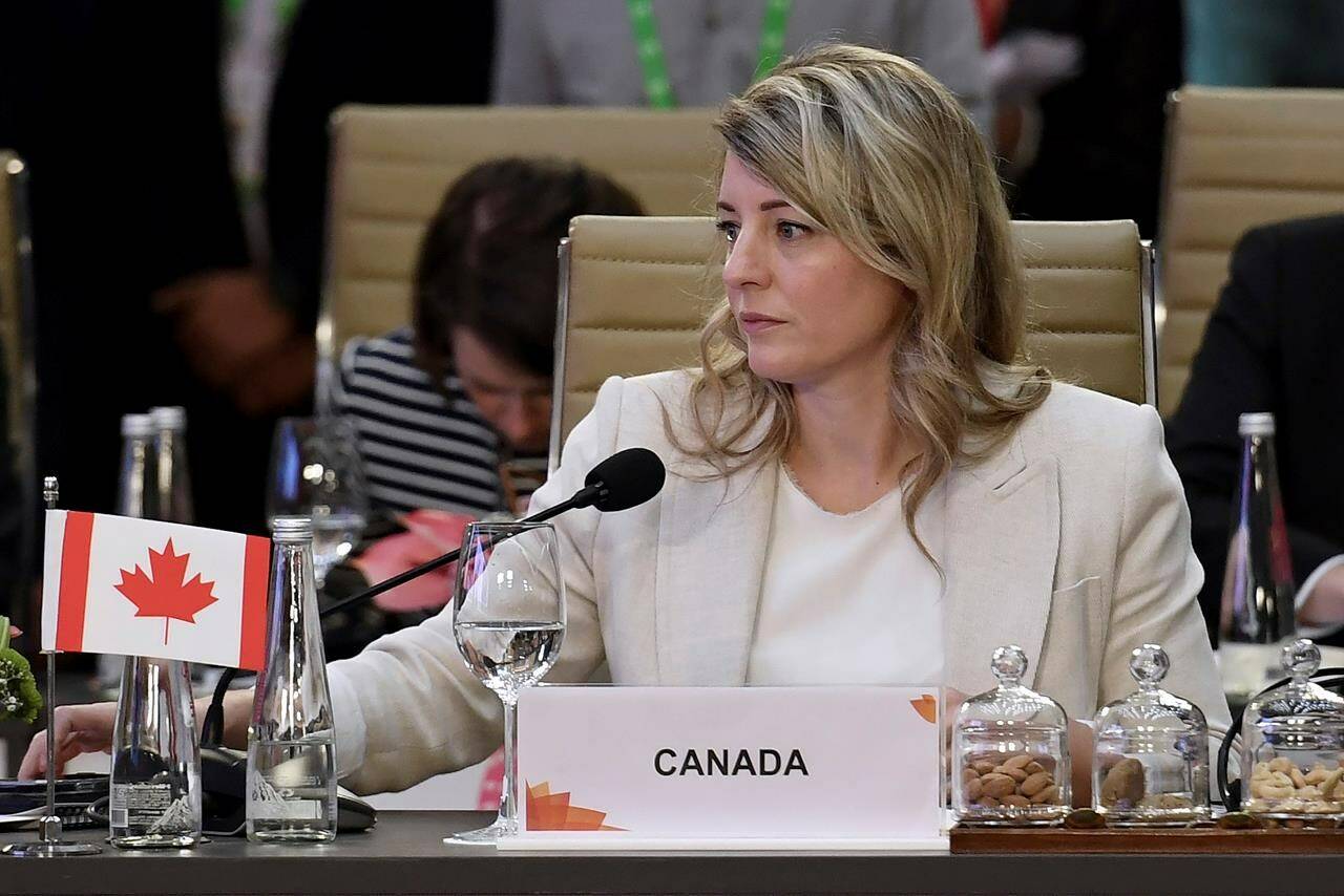 Canada’s Foreign Minister Melanie Joly attends the G20 foreign ministers’ meeting in New Delhi Thursday, March 2, 2023. Joly and her Chinese counterpart have had a testy exchange over Joly raising concerns that Beijing’s envoys may be interfering in domestic matters. THE CANADIAN PRESS/Olivier Douliery-Pool Photo via AP