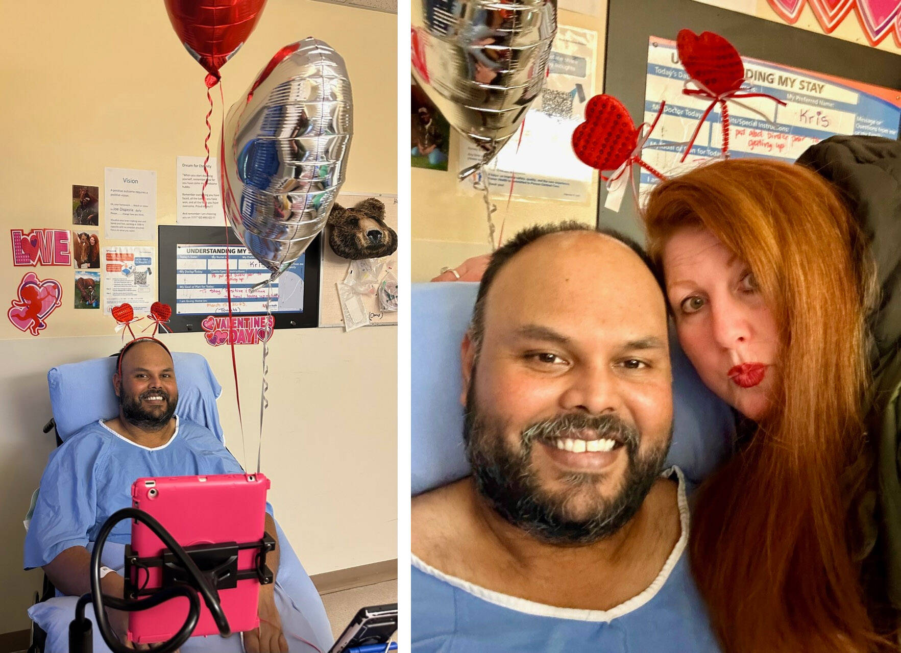 Kris Mallisetty, seen here with wife Leah Gray, was paralyzed from the neck down during surgery on his spine on Jan. 27. Because he doesn’t qualify for Persons With Disability funding, a friend has set up a fundraiser to help pay for the costs of making his home wheelchair-accessible. Gray has been visiting him every day and decorated his room for Valentine’s Day. (Leah Gray photo)