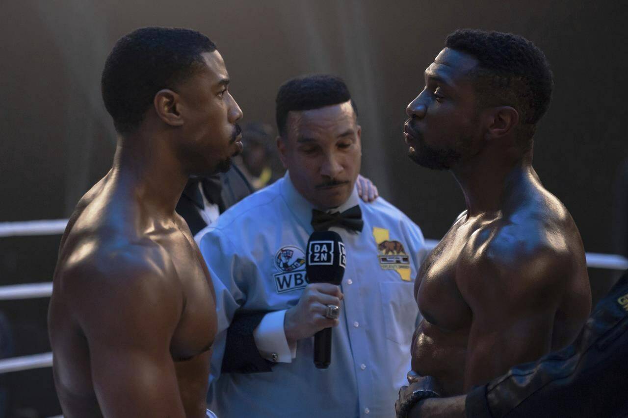 This image released by MGM shows Michael B. Jordan as Adonis Creed, left, and Jonathan Majors as Damian Anderson, right, in a scene from “Creed III.” (Eli Ade/MGM via AP)