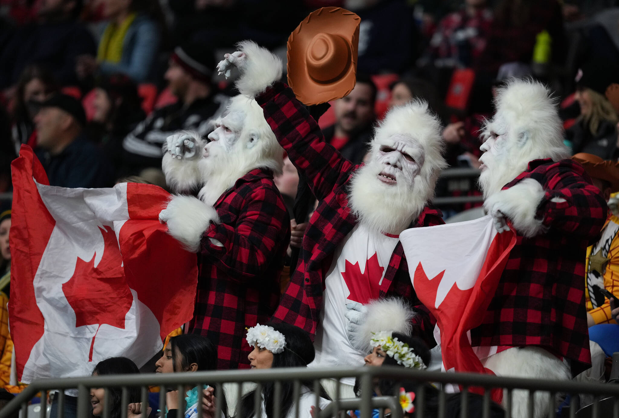 Fans dressed as Yeti cheer on Canada as they play Brazil during HSBC Canada Sevens women’s rugby action, in Vancouver, B.C., Saturday, March 4, 2023. THE CANADIAN PRESS/Darryl Dyck