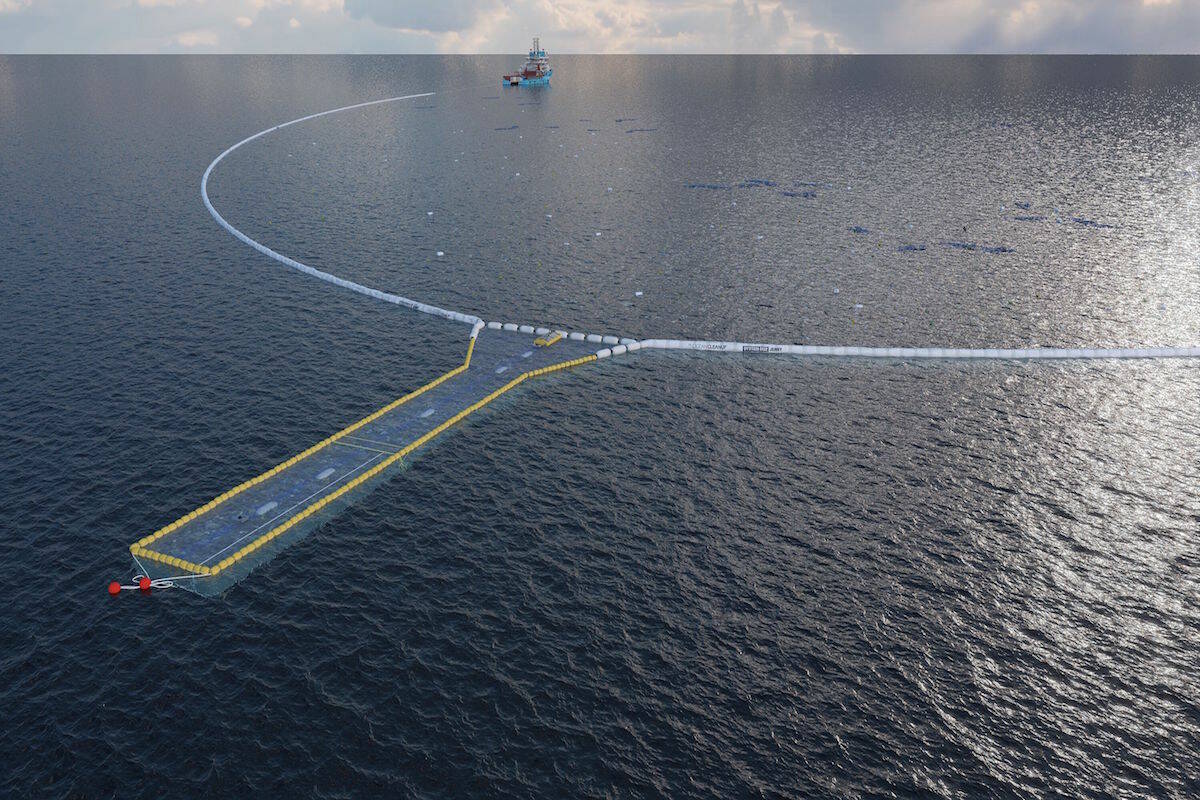 FILE – The Ocean Cleanup project’s latest iteration of plastic-collecting technology, the System 002, will leave Victoria and heads to the Great Pacific Garbage Patch. (Photo courtesy of the Ocean Cleanup/ Twitter)