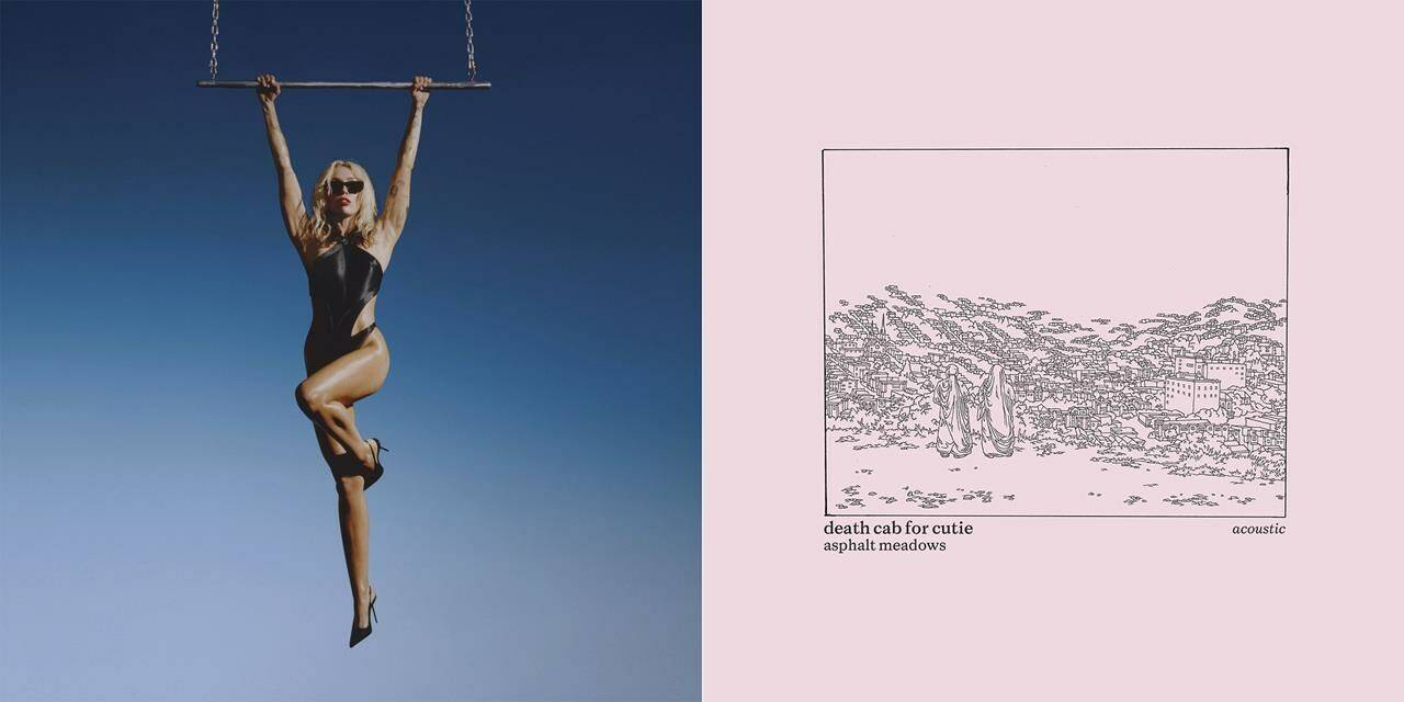 This combination of cover images shows “Endless Summer Vacation” by Miley Cyrus, left, and “Asphalt Meadows (Acoustic)” by Death Cab for Cutie. (Sony Music/Atlantic Records via AP)