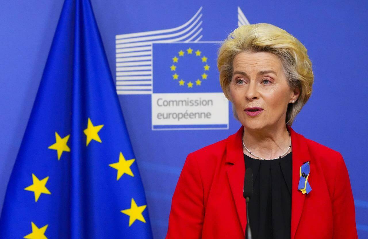 European Commission President Ursula von der Leyen takes part in a joint statement with Prime Minister Justin Trudeau at the European Union Headquarters in Brussels, Belgium on Wednesday, March 23, 2022. Von der Leyen says Canada should focus on exporting clean hydrogen to Europe as the continent shifts its fuel sources away from Russia. THE CANADIAN PRESS/Sean Kilpatrick