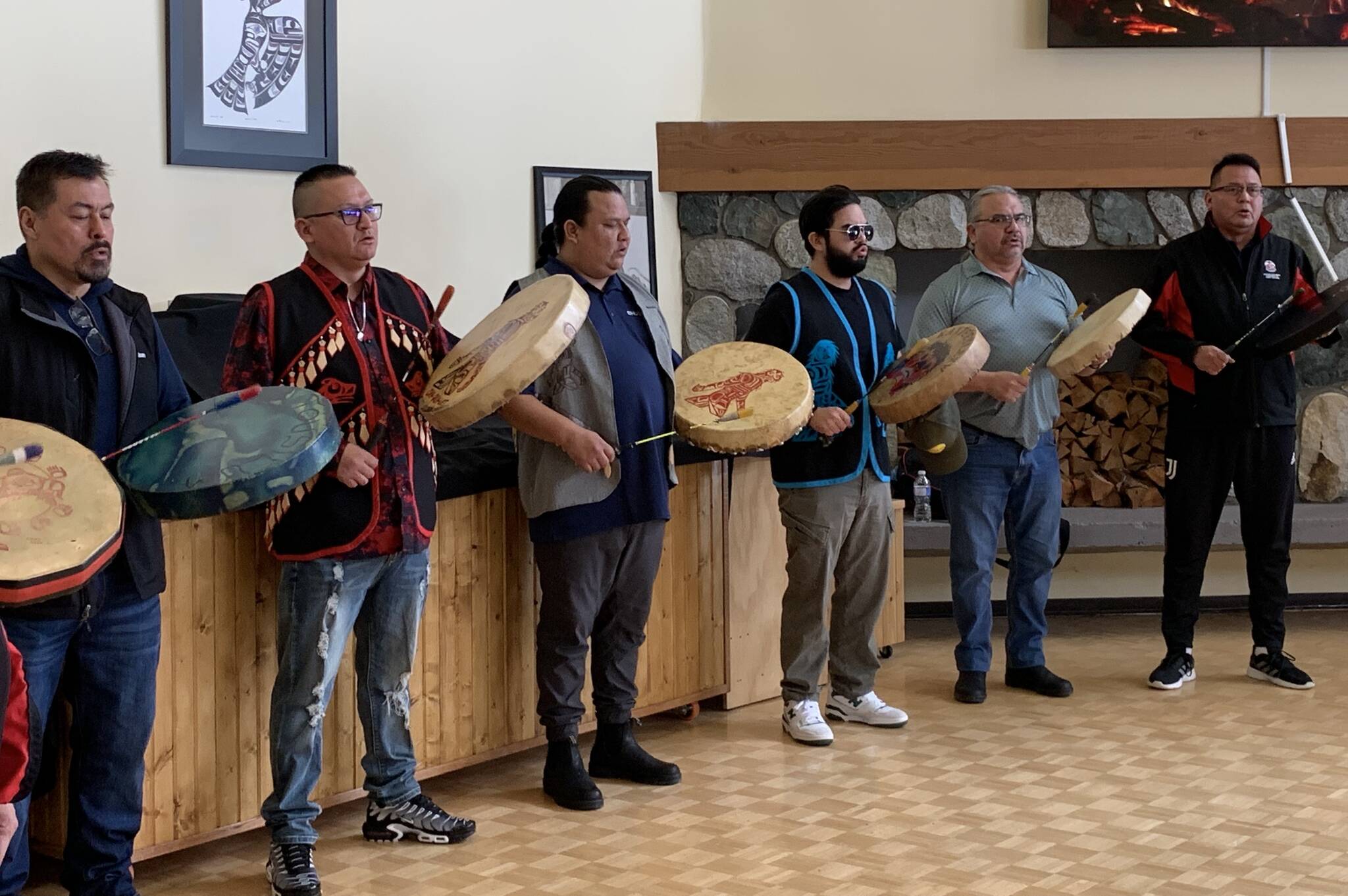 Sts’ailes drummers welcome attendees to the repatriation ceremony on Friday, March 3. (Adam Louis/Observer)