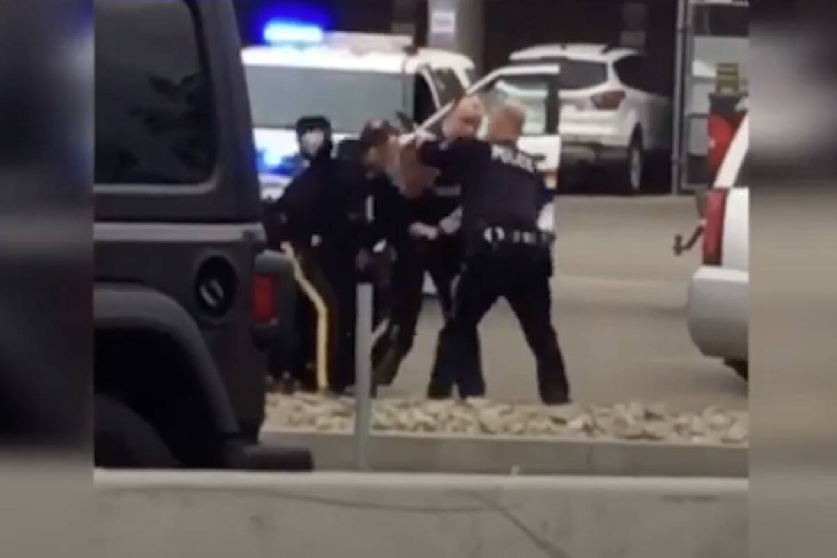 A still from the video taken of a violent arrest on May 30, 2020 in downtown Kelowna. (File)