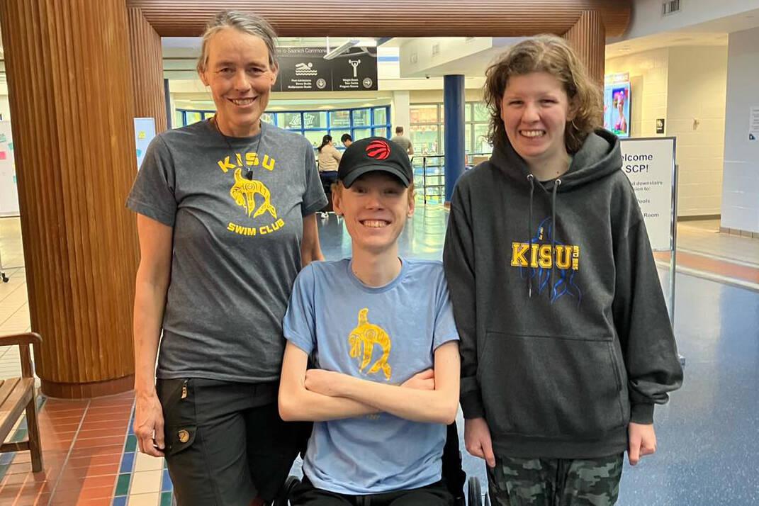 North Okanagan members of Okanagan Para Swimming including (from left) coach Renate Terpstra of Vernon, and swimmers Jacob Brayshaw of Coldstream and Brea Duncan of Armstrong had successful results at the B.C. Winter Provincial Swimming Championships in Victoria. The trio swim and coach for Penticton’s KISU Club, as does Vernon swimmer Senna Entner, missing fromt he photo. (Facebook photo)
