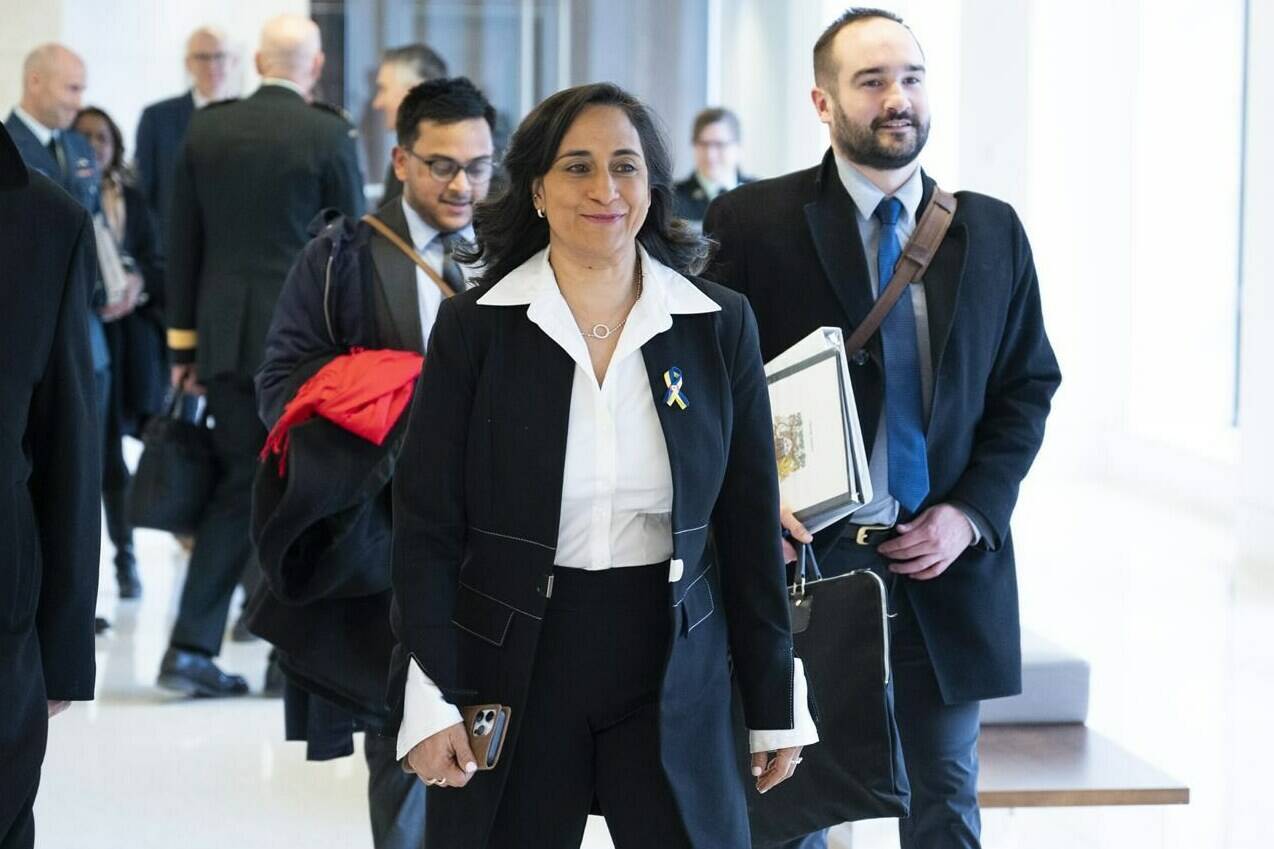Minister of National Defence Anita Anand arrives to appear as a witness at the Standing Committee on National Defence, regarding the surveillance balloon from the People’s Republic of China, in Ottawa, on Tuesday, March 7, 2023. THE CANADIAN PRESS/Justin Tang