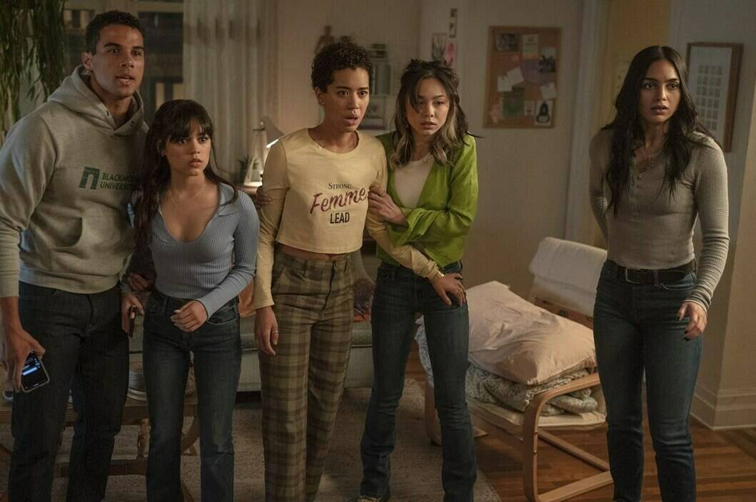This image released by Paramount Pictures shows, from left, Mason Gooding, Jenna Ortega, Jasmin Savoy Brown, Devyn Nekoda and Melissa Barrera in a scene from “Scream VI.” (Philippe Bossé/Paramount Pictures via AP)