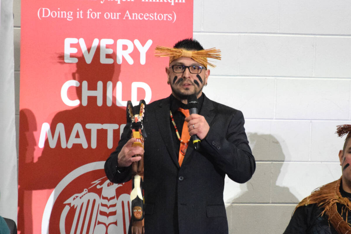 Tseshaht First Nation elected Chief Councillor Wahmeesh (Ken Watts) speaks during the Doing it for our Ancestors announcement on Feb. 21, 2023. (ELENA RARDON / Alberni Valley News)