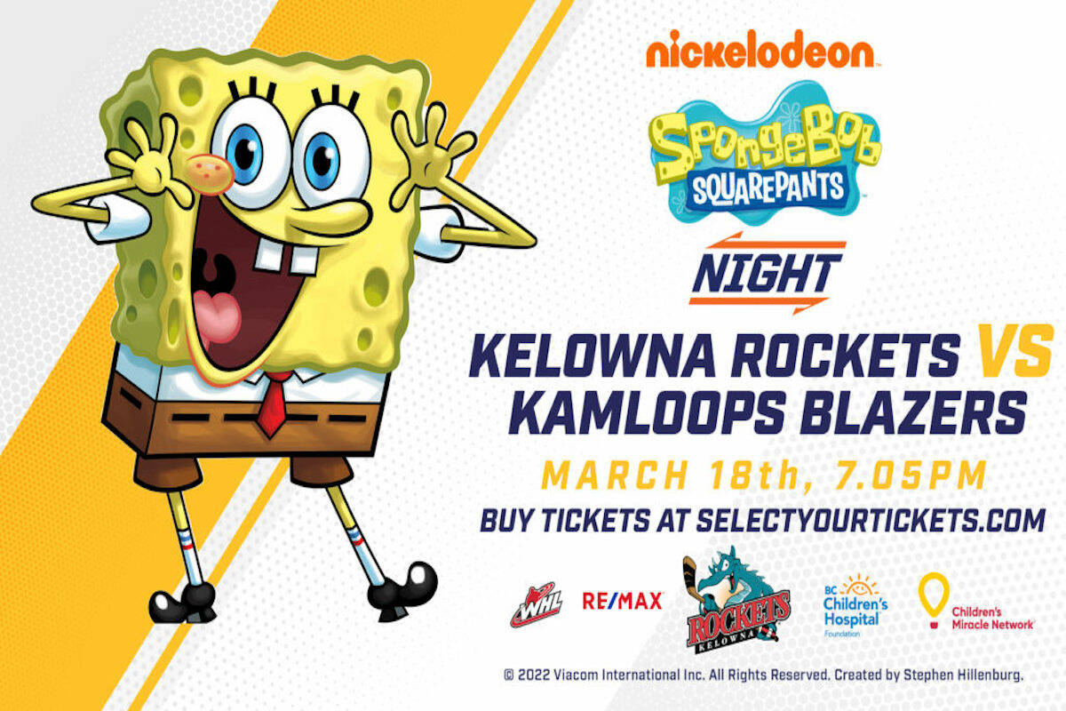 The Kelowna Rockets will wear SpongeBob Squarepants jerseys on Saturday, March 18. (Kelowna Rockets/Contributed)
