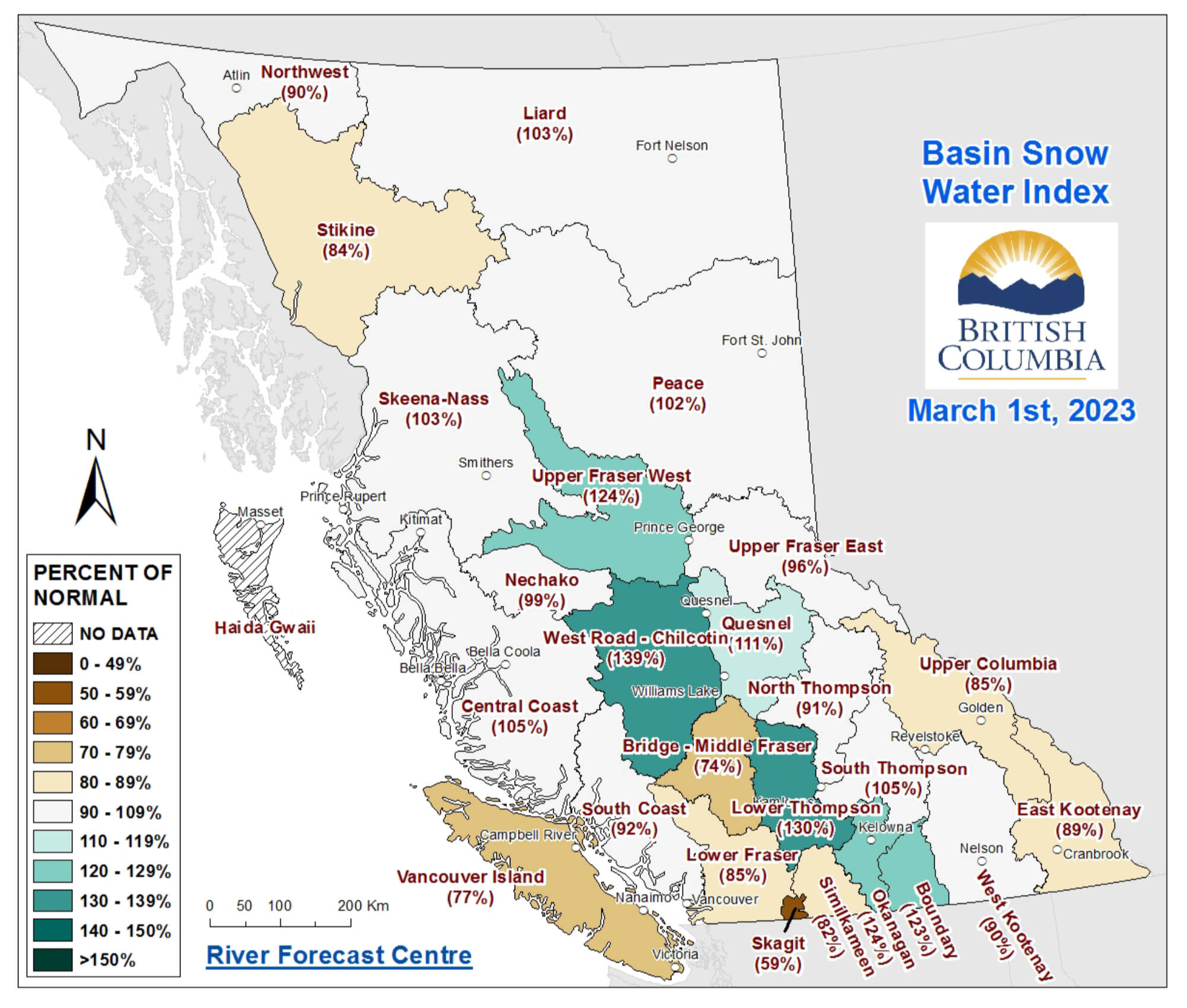 While much of British Columbia had below normal snow levels, the Okanagan, Boundary, Nicola and Upper Fraser West regions had more snow than usual as of March 1, 2023. (BC River Forecast Centre image)