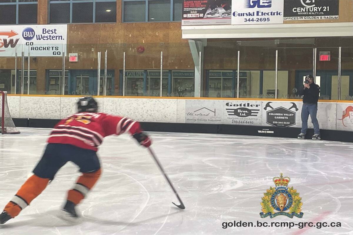 Golden - Field RCMP (Facebook)
Const. McWilliams using a radar gun at the Golden Arena. (Golden - Field RCMP Facebook)