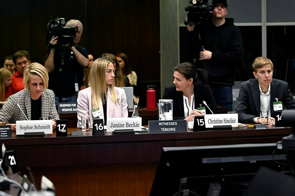 Canadian National Soccer Team players Sophie Schmidt, left Janine Beckie, Christine Sinclair, and Quinn, right, prepare to appear before the Standing Committee on Canadian Heritage in Ottawa, studying safe sport in Canada, on Thursday, March 9, 2023. THE CANADIAN PRESS/Justin Tang