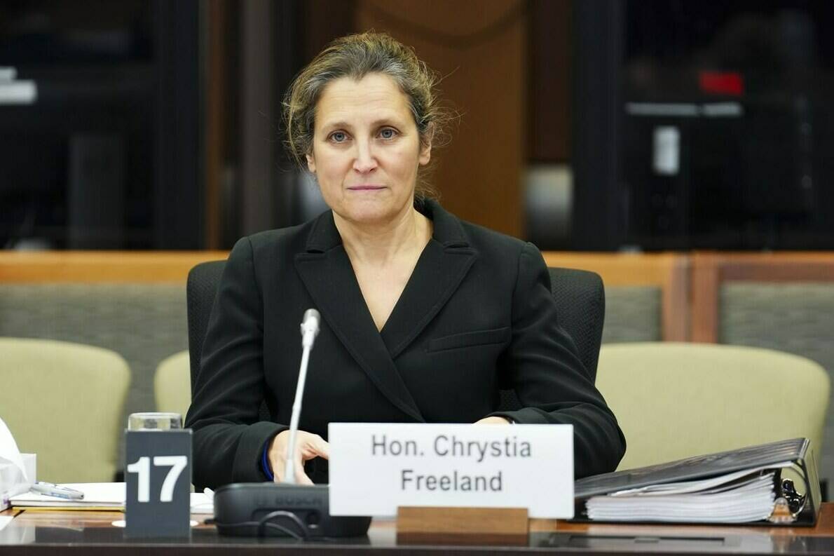 Minister of Finance and Deputy Prime Minister Chrystia Freeland appears as a witness at a Senate committee on national finance in Ottawa on Wednesday, Dec. 7, 2022. Canada is banning the import of Russian steel and aluminum as part of its sanctions regime. THE CANADIAN PRESS/Sean Kilpatrick