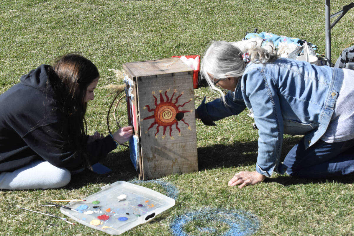 This Penticton art duo were one of two winners to win a $100 prize at Okanagan Lake Park on Saturday, April 1, 2022, at the first-ever Ignite the Arts’ Sculpture Contest. (Logan Lockhart -Western News)