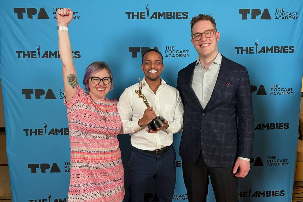 Coldstream’s Sam Mullins (right) celebrates The Ambie for Podcast of the Year for his eight-episode series under the Chameleon brand, Wild Boys, with producers Ashleyanne Krigbaum (left) and Abukar Adan. The Ambies are handed out by The Podcast Academy.