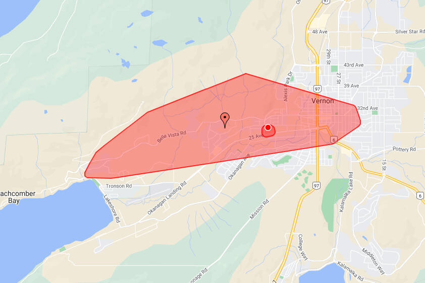 A power outage is affecting nearly 3,600 Vernon customers Saturday, March 11, 2023. (BC Hydro image)
