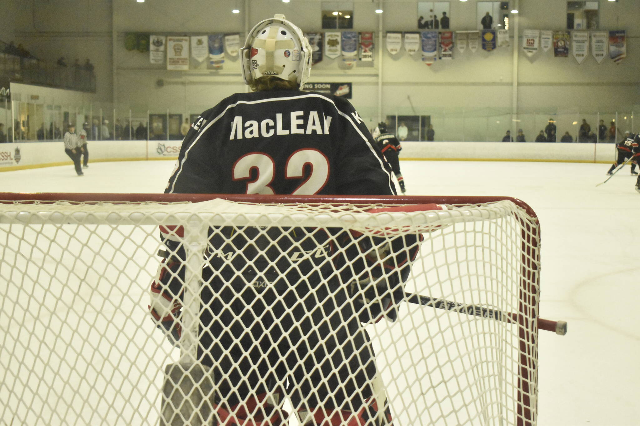 Rink Hockey Academy Kelowna goaltender Thomas MacLean at the 2023 CSSHL Championships in Penticton. (Logan Lockhart/Western News)