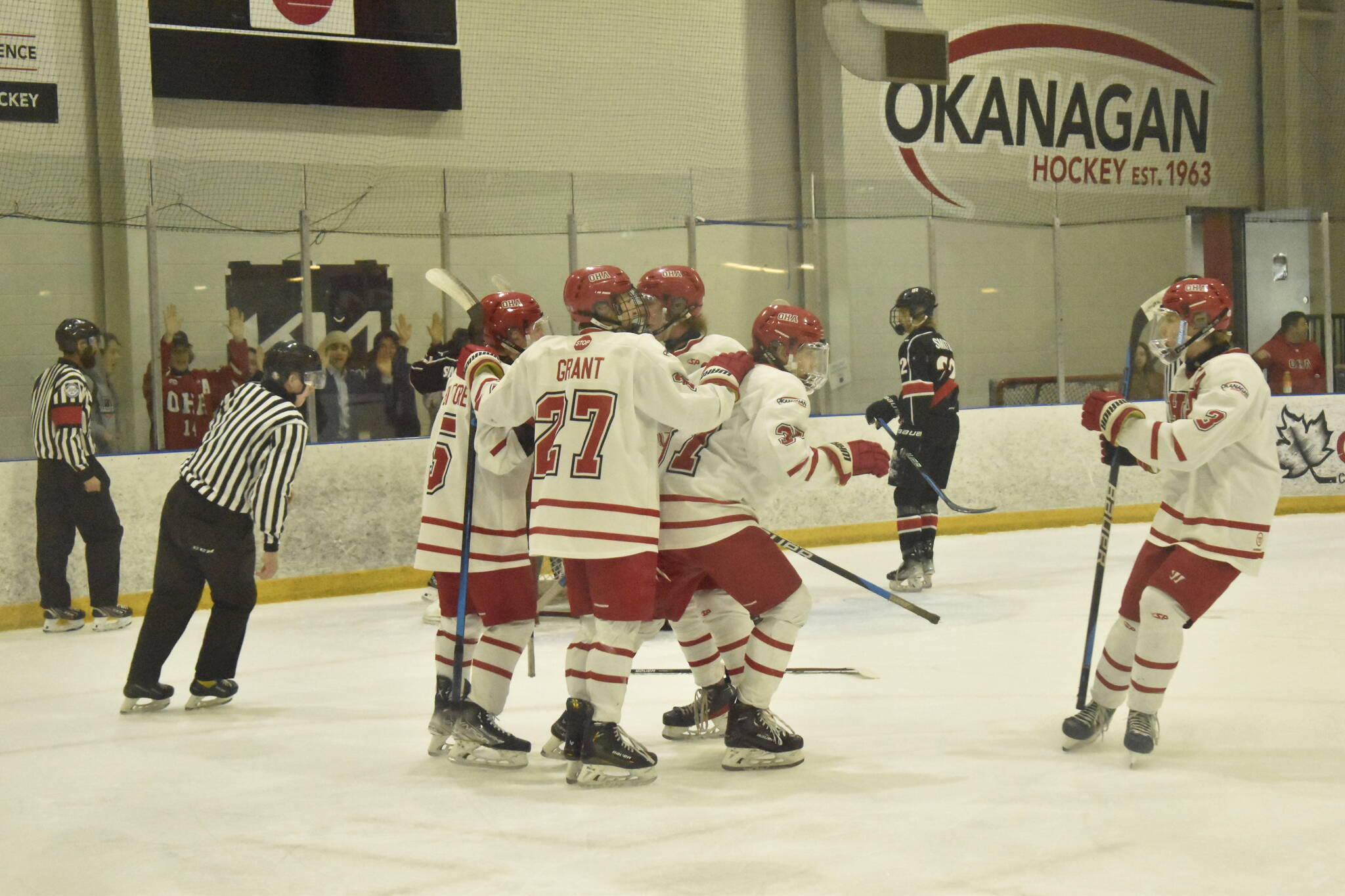 Penticton-based OHA celebrates after its first goal Saturday against U17 Kelowna at the Okanagan Hockey Training Centre. (Logan Lockhart/Western News)