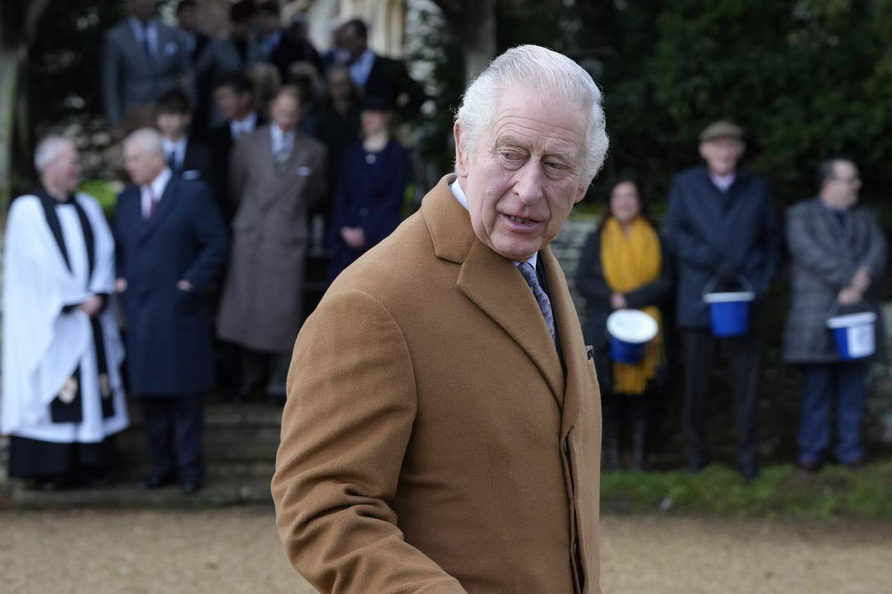King Charles III leaves after attending the Christmas day service at St Mary Magdalene Church in Sandringham in Norfolk, England, Sunday, Dec. 25, 2022. The Royal Canadian Mounted Police say they will be gifting King Charles with a new horse, Noble, ahead of the monarch’s upcoming coronation in May. THE CANADIAN PRESS/AP, Kirsty Wigglesworth