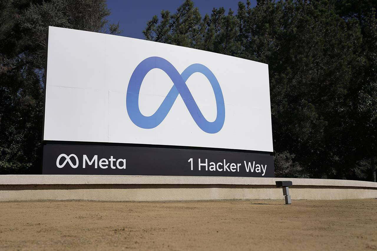 Facebook’s Meta logo sign is seen at the company headquarters in Menlo Park, Calif., on, Oct. 28, 2021. THE CANADIAN PRESS/AP-Tony Avelar
