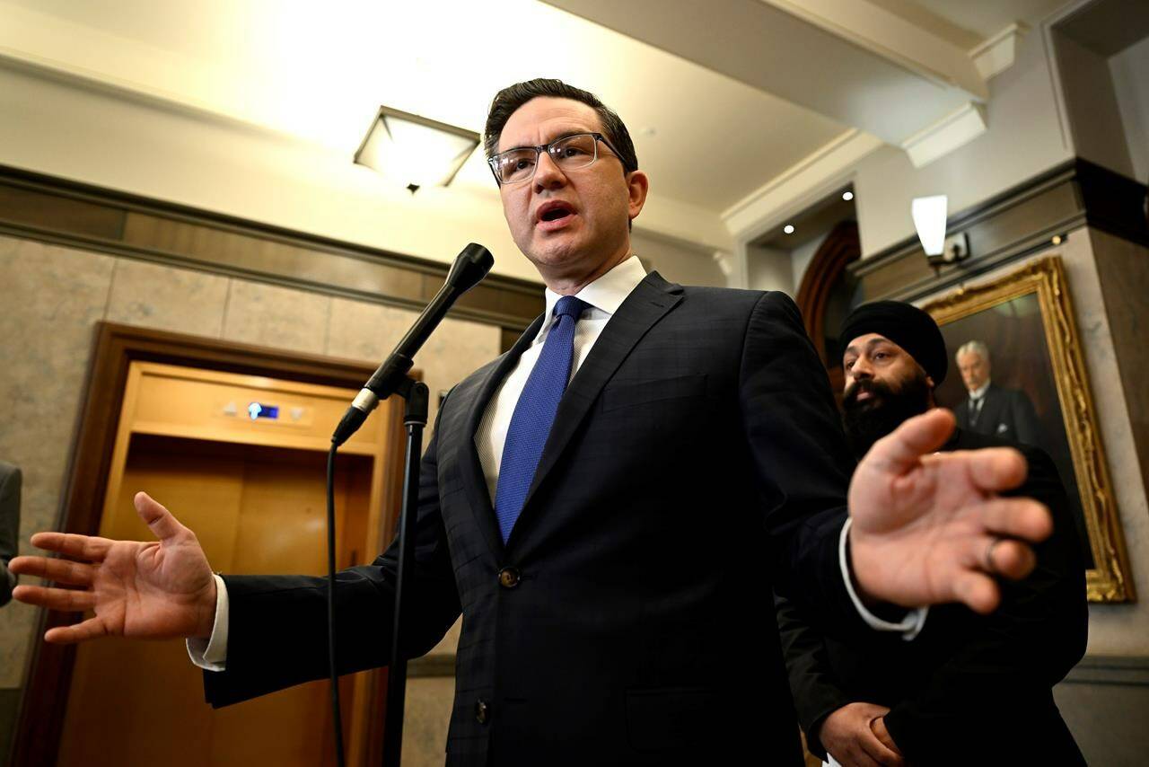Conservative Leader Pierre Poilievre speaks at a news conference in the Foyer of the House of Commons on Parliament Hill in Ottawa, on Sunday, March 12, 2023. THE CANADIAN PRESS/Justin Tang