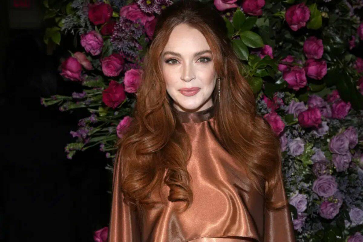 FILE - Lindsay Lohan appears the Christian Siriano Fall/Winter 2023 fashion show in New York on Feb. 9, 2023. Lohan is expecting her first child. The “Mean Girls” star announced her pregnancy on Instagram on Tuesday. (Photo by Charles Sykes/Invision/AP, File)