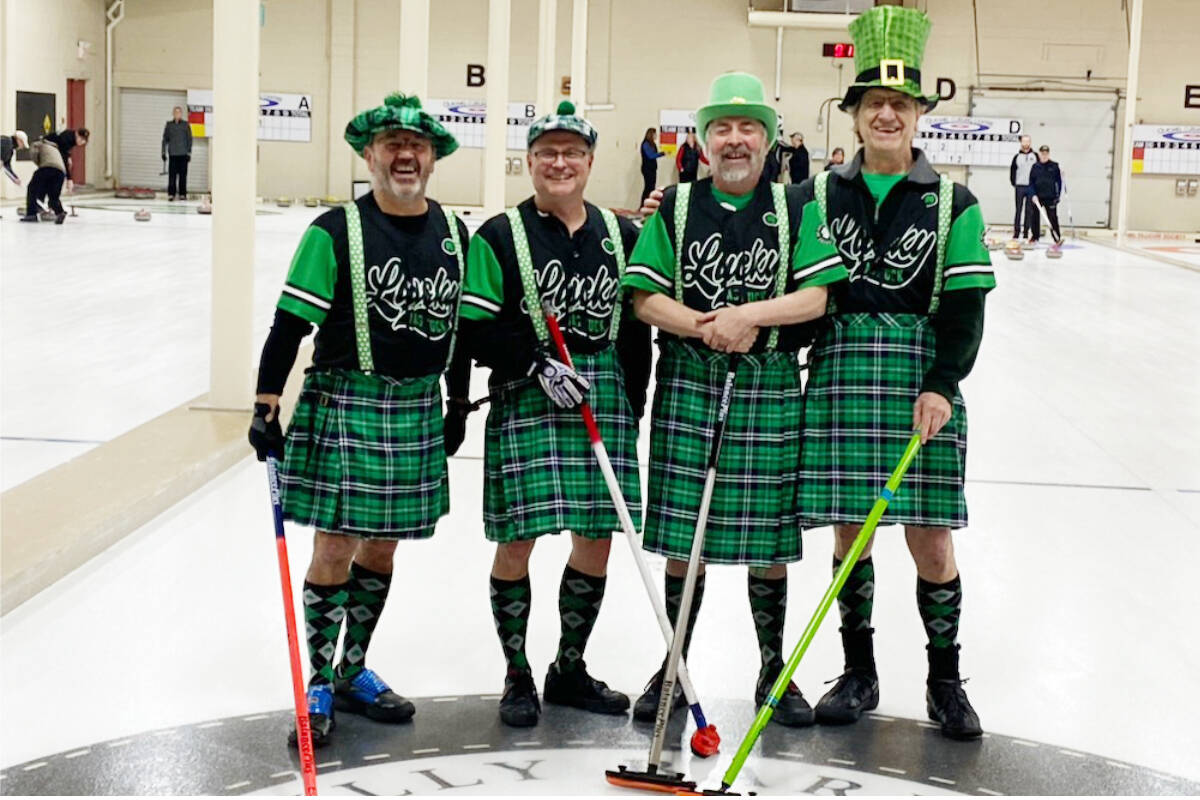 People enjoy the spirit of St. Patrick’s Day with Irish-themed costumes. Dave Plant, Dean Rubisch, Ralph Givens and Brad Kotzer got into the holiday spirit during the Quesnel Curling Club’s final bonspiel of the year, the St. Patrick’s Day Bonspiel. (Contributed)