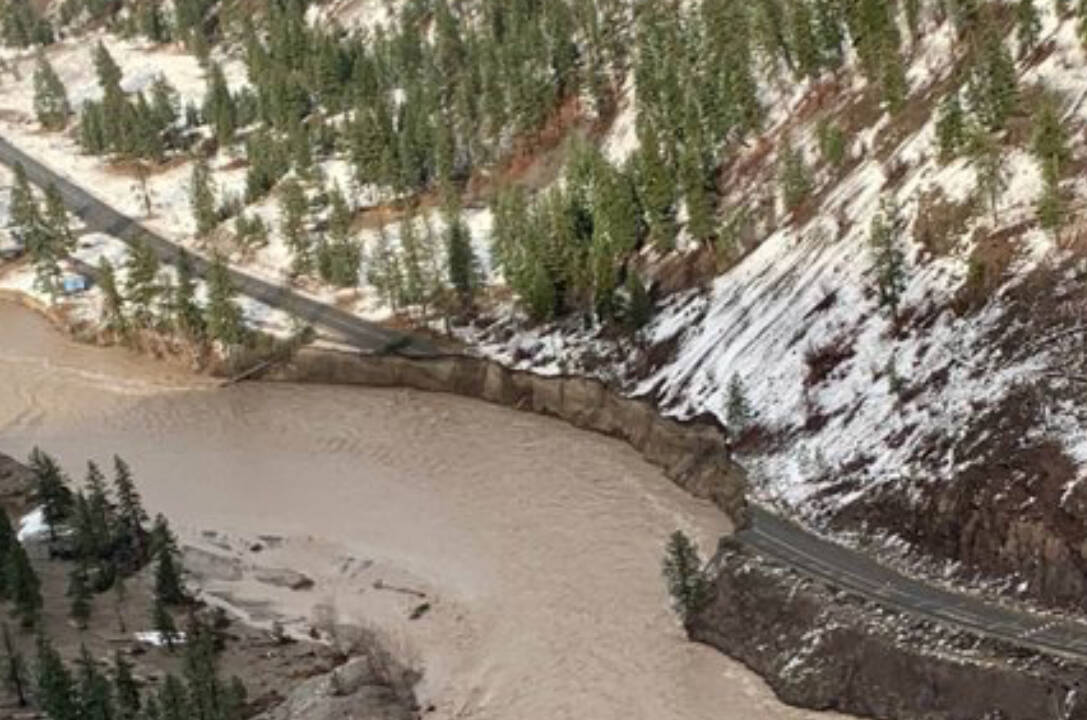 Flooding in fall 2021 caused massive to the provincial infrastructure including Highway 8 along the Nicola River near Merritt. Current snow-pack levels are at seasonal norms across the province, but other parts are above seasonal norms. (BC Transportation/Twitter)
